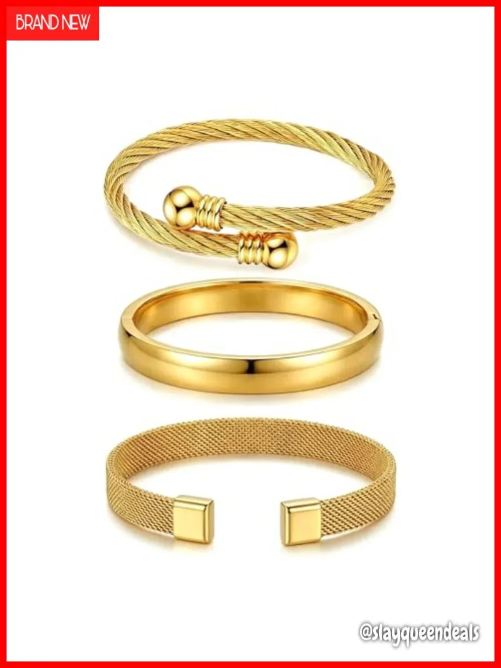 Waterproof Stainless Steel Cuff Bracelets Set of 3 - Non Tarnish,